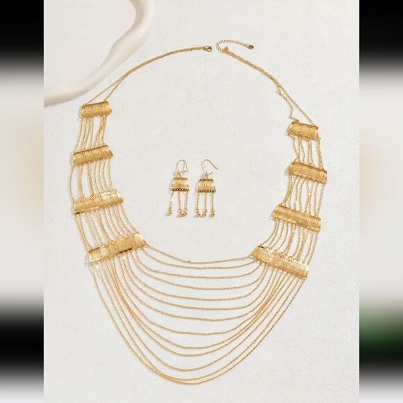 New ANTHRO Set filigree flower casscading chains necklace earrings Set - Picture 2 of 11